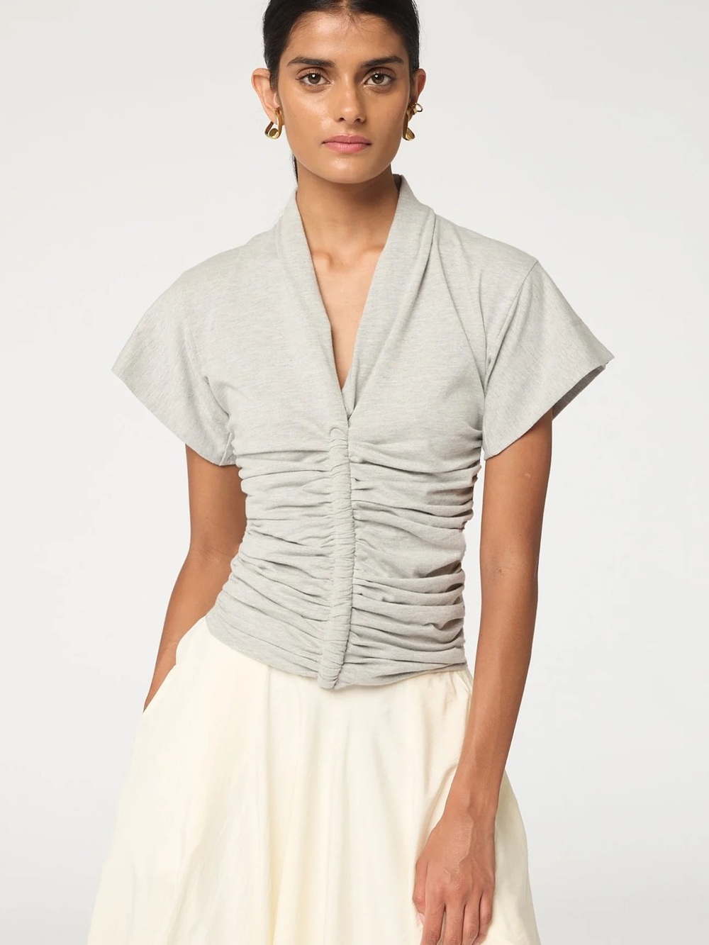 The Line by K Penelope V-Neck Short Sleeve Top in Light Gray
